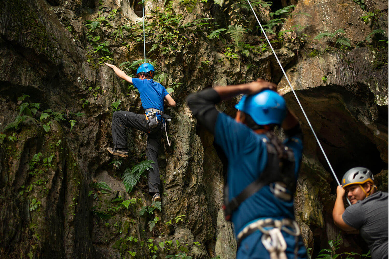 People on ropes climbing up a cliff.