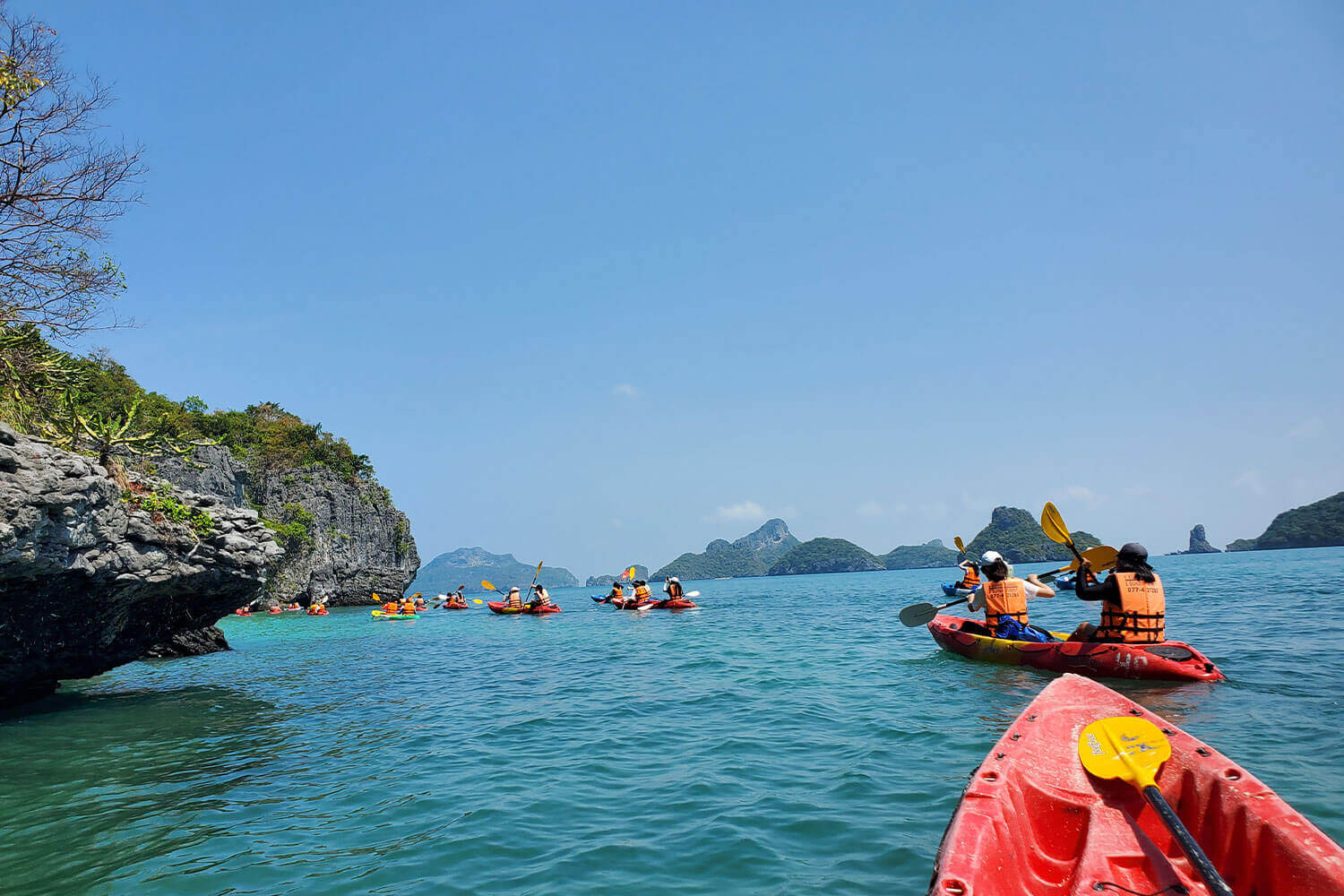 Kayaking in the sea with many people in red kayaks.